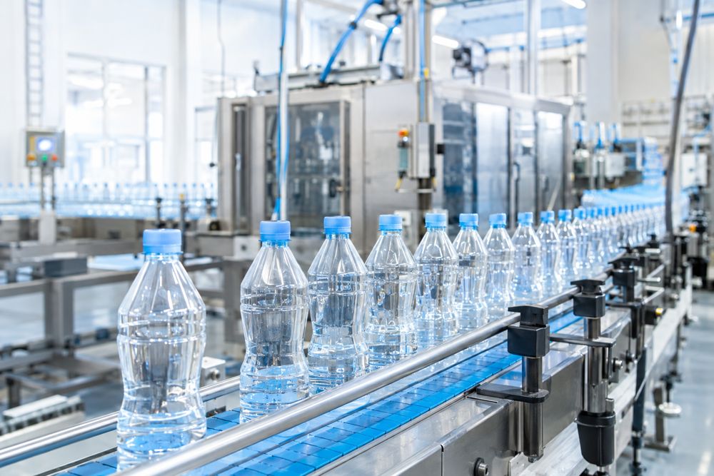 Beverage bottles on a filling line