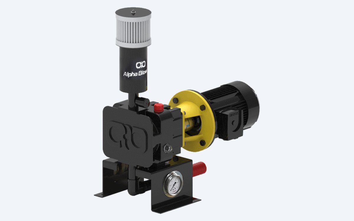 Compact Alpha ALF 1.5D twin-lobe blower with inlet silencer, coupling and motor on a small base frame
