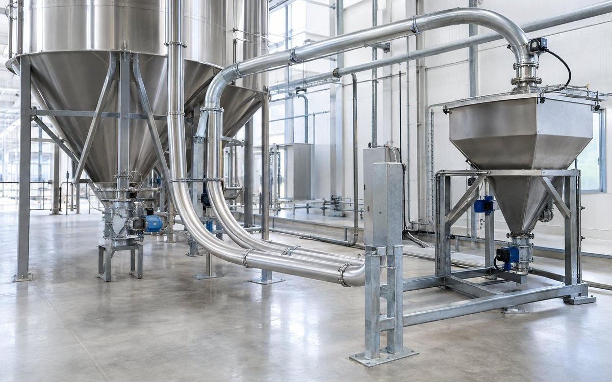 Pneumatic conveying pipelines and rotary airlock in a factory