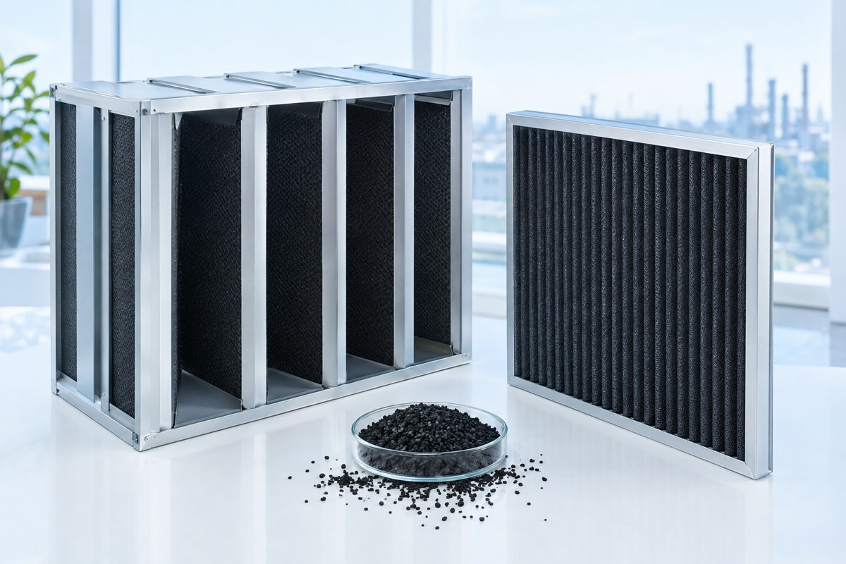 Activated carbon V-bank and panel air filters with carbon granules