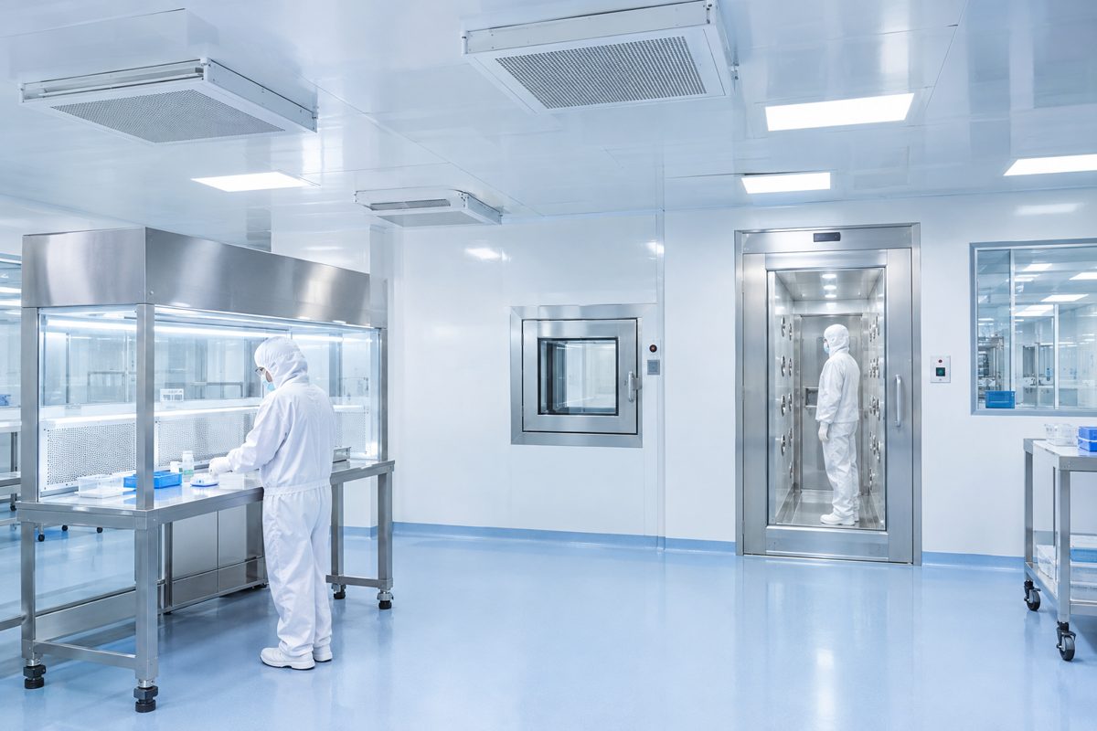 Clean room with fan filter units, laminar flow bench and pass box