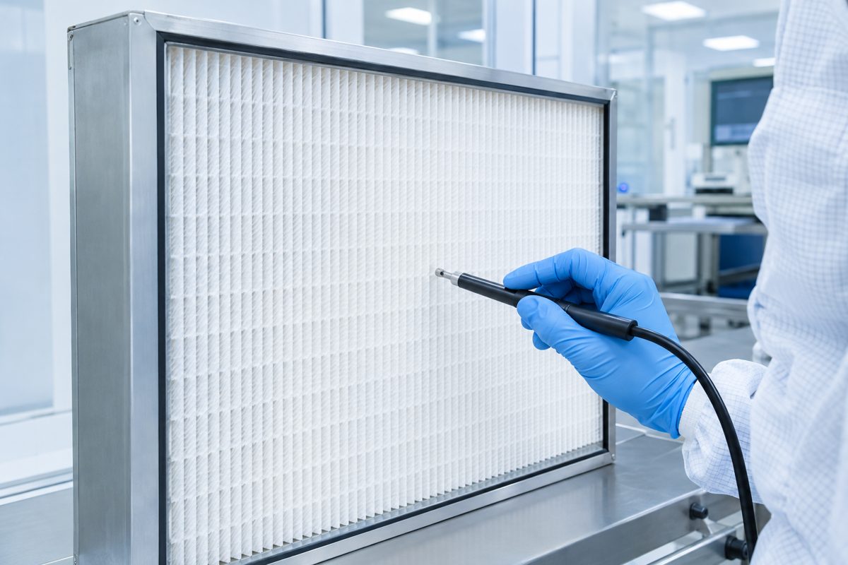 Technician scan-testing a mini-pleat HEPA filter in a clean room