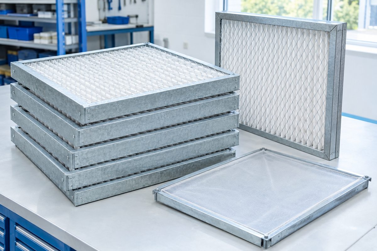 Panel pre-filter with galvanised frame and pleated synthetic media