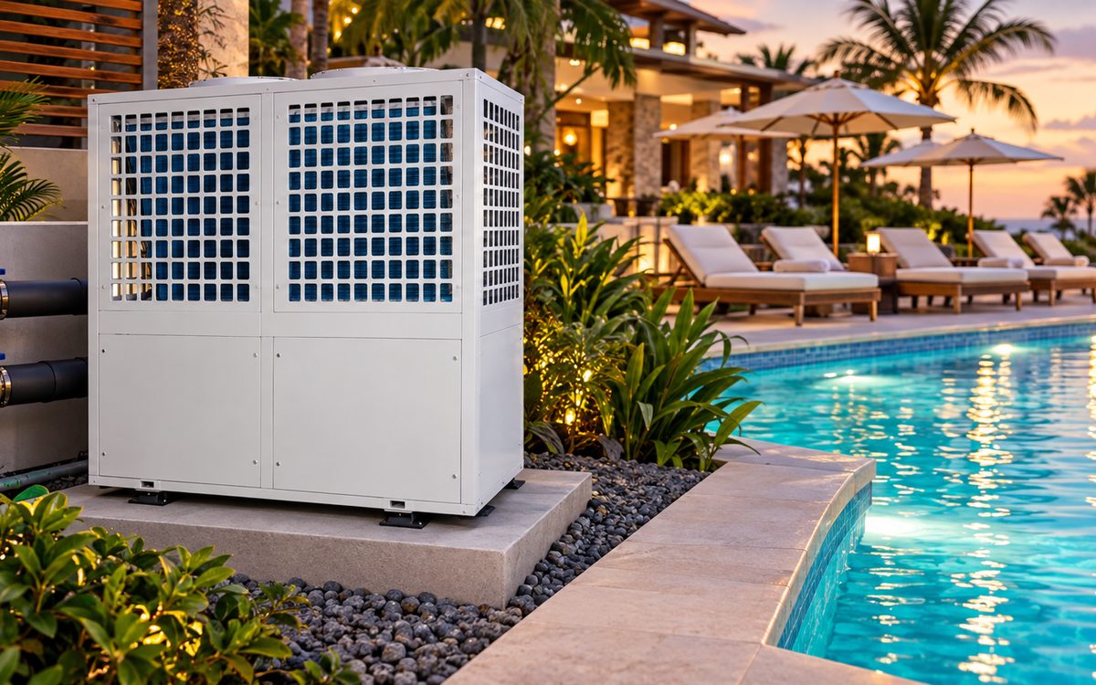 Swimming pool heat pump beside a resort pool