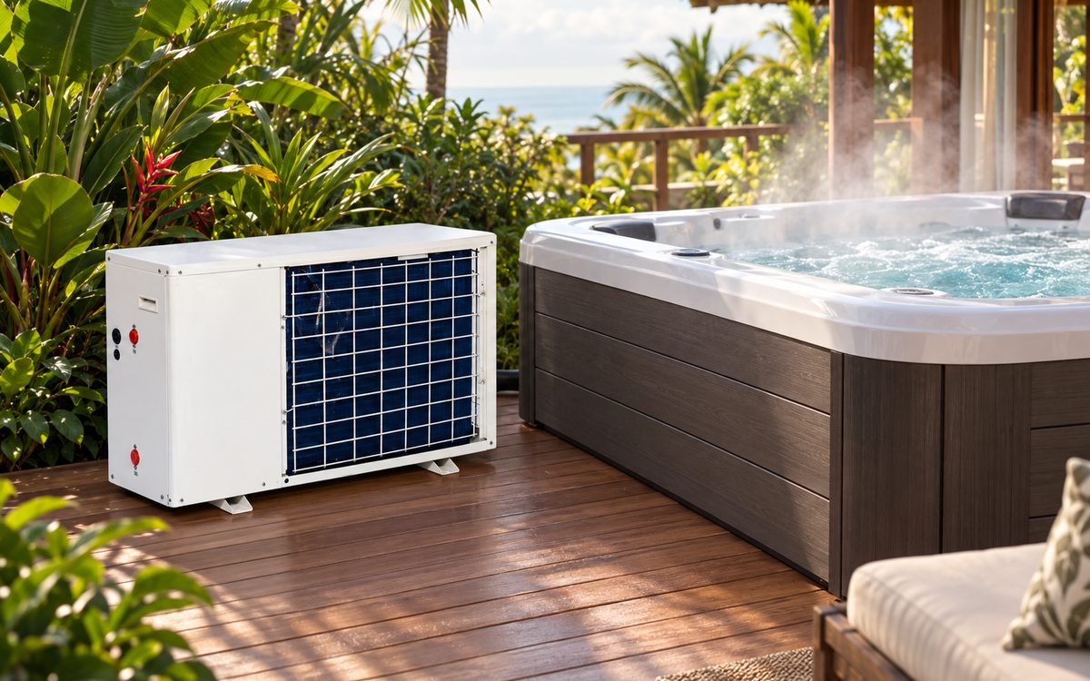 Compact spa heat pump beside an outdoor hot tub