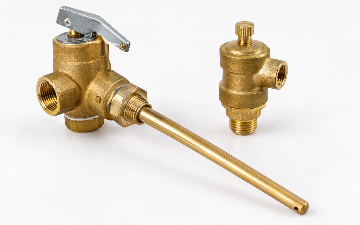 Brass temperature and pressure relief valve and vacuum relief valve