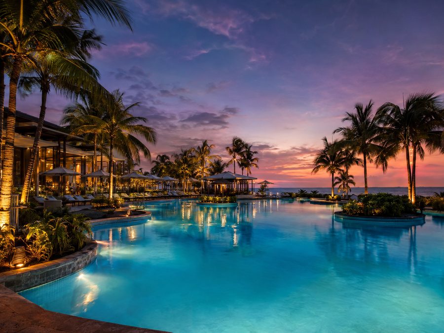 Resort hotel with illuminated pool