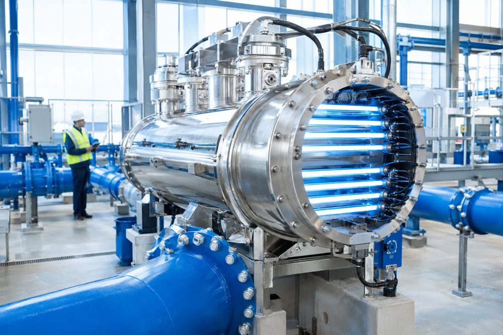 Large multi-lamp UV chamber in a municipal water plant