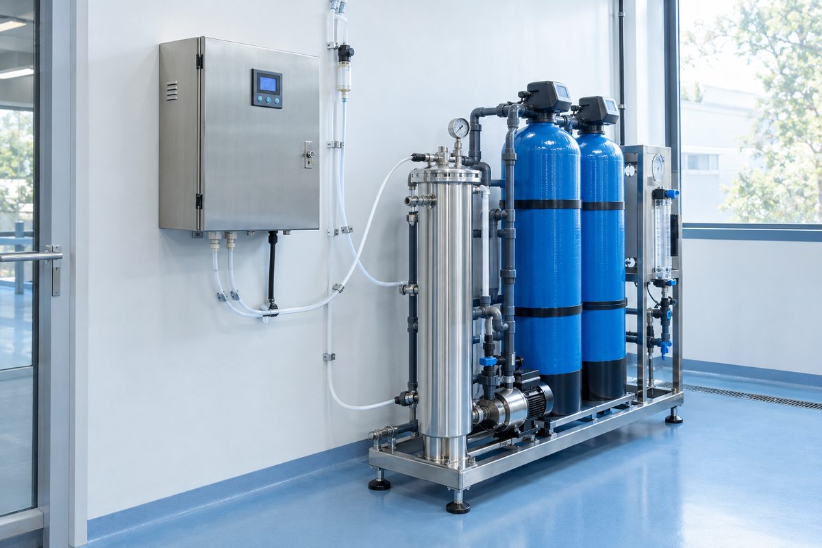 Compact wall-mounted stainless steel ozone generator beside a small water treatment skid