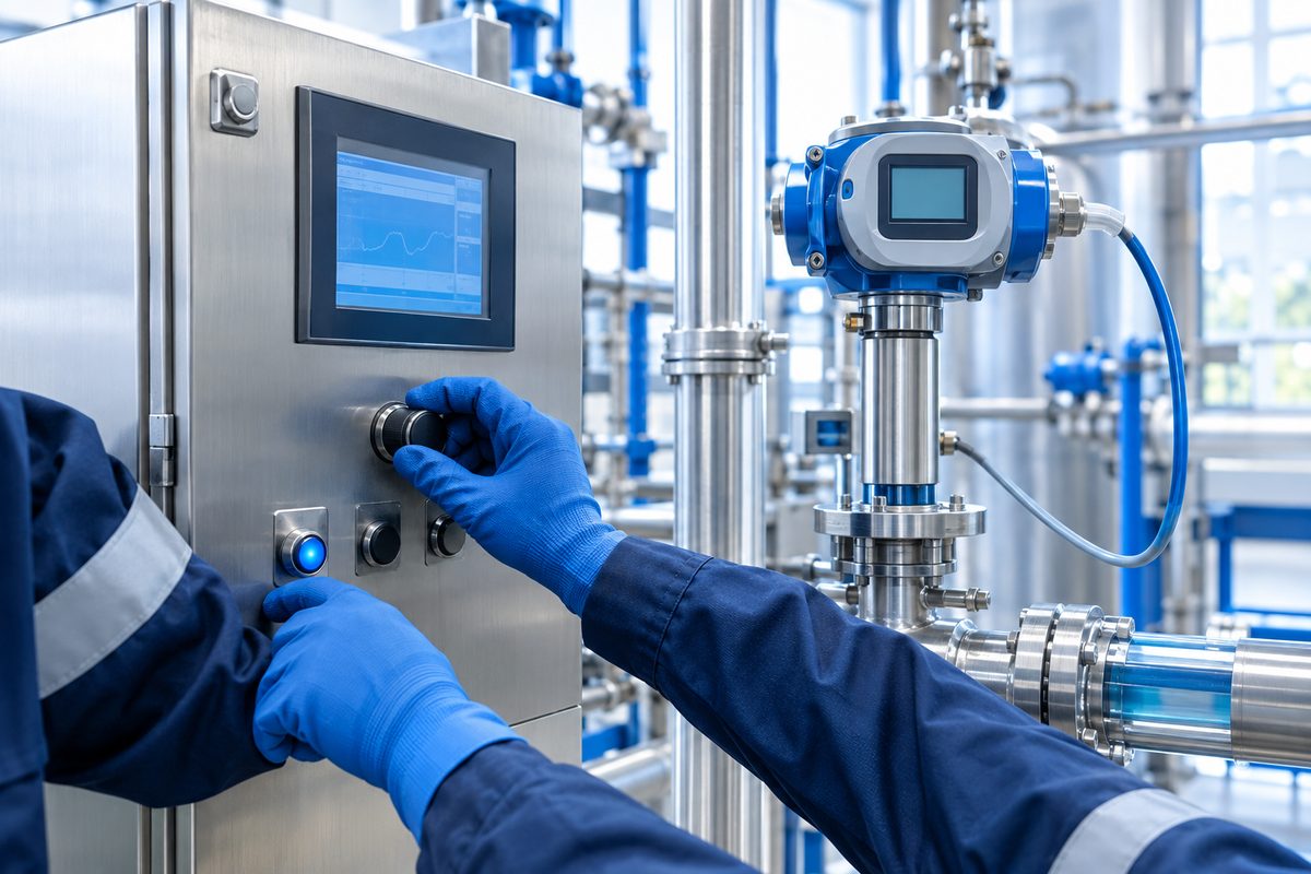 Engineer adjusting the control panel of an ozone generator