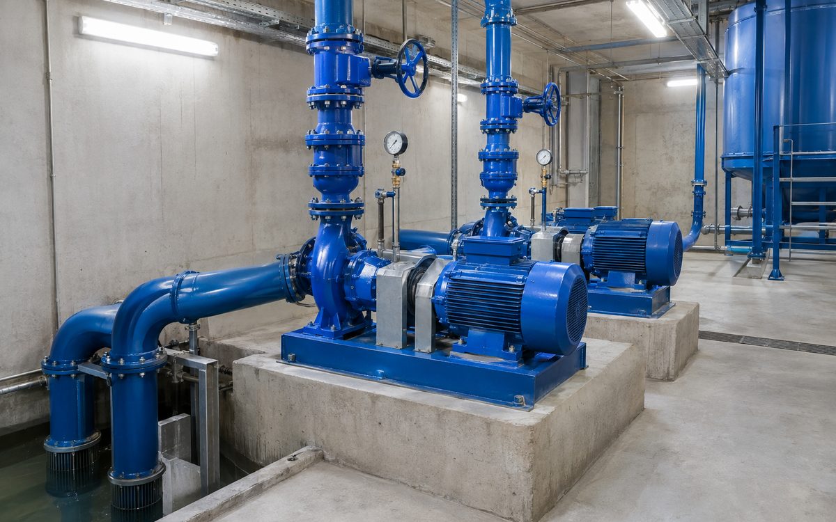 Horizontal water transfer pumps in a basement pump room