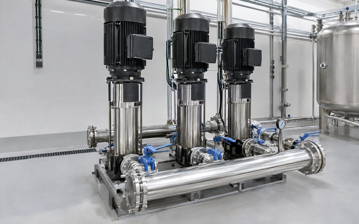 Three vertical inline multistage booster pumps on stainless steel headers