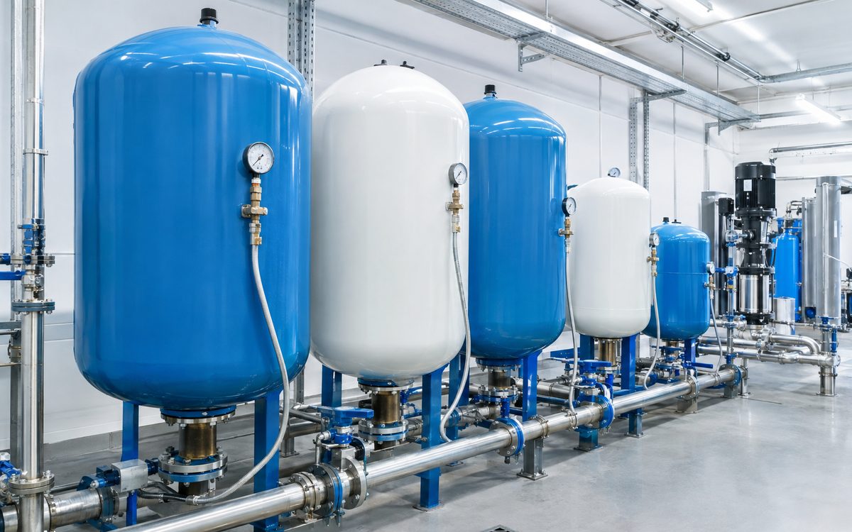 Row of diaphragm hydropneumatic pressure vessels