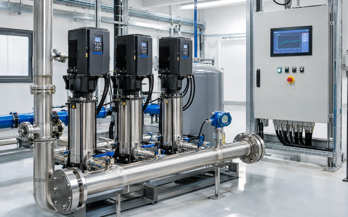 Variable speed booster set with motor-mounted drives and touchscreen control panel