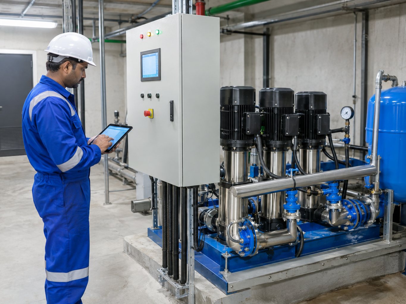 Pump service engineer commissioning a pump control panel and booster set in a plant room
