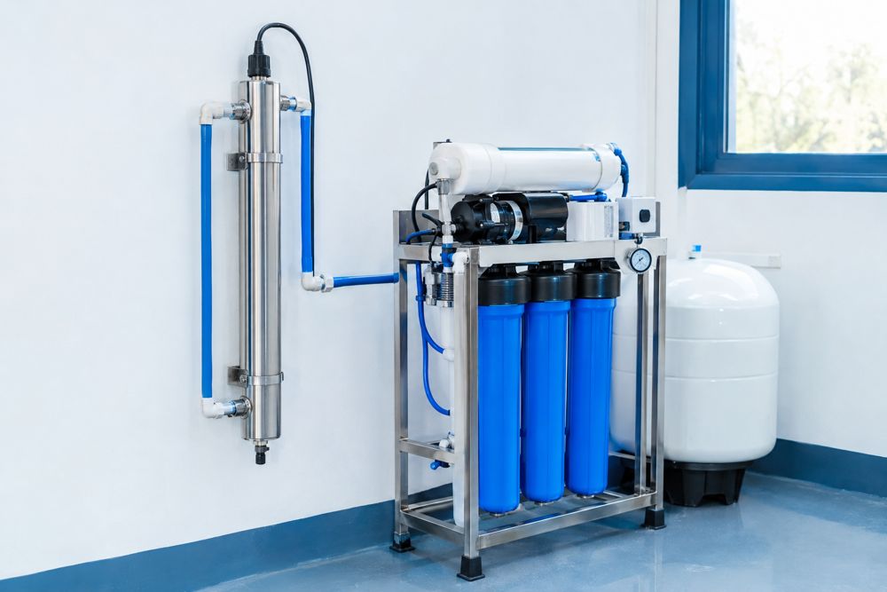 Compact UV barrel beside a small RO purifier