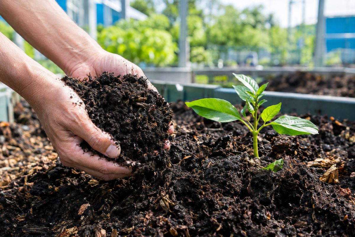Hands holding finished compost with a young plant
