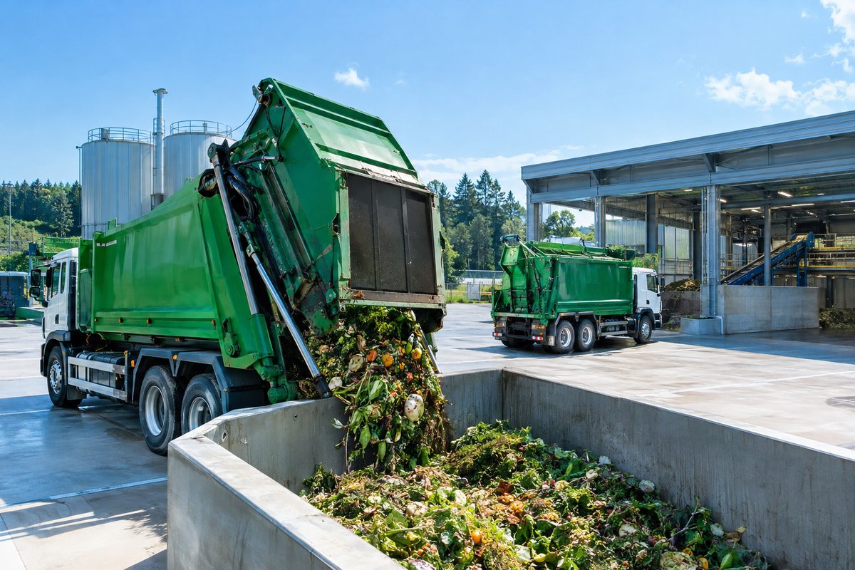 Municipal waste trucks at a processing centre