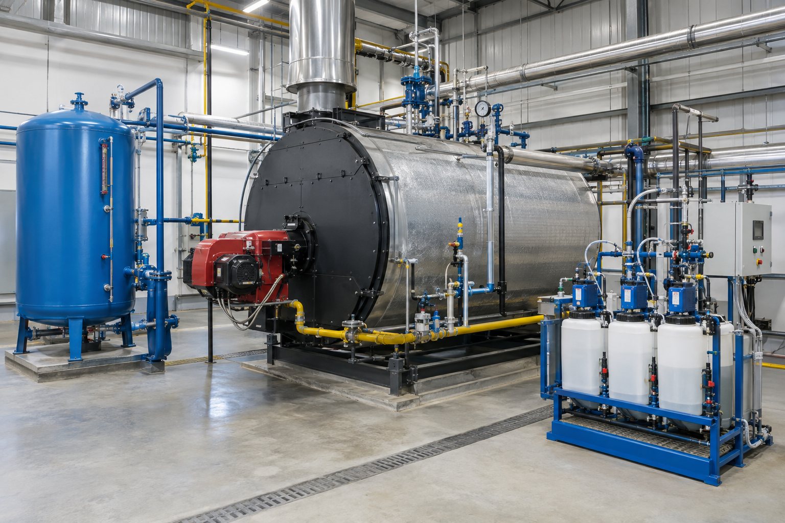 Steam boiler room with chemical dosing