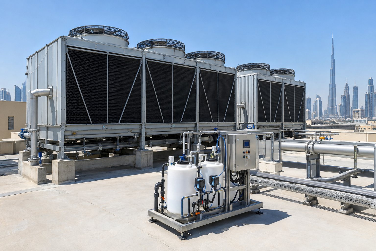 Cooling tower with chemical dosing skid